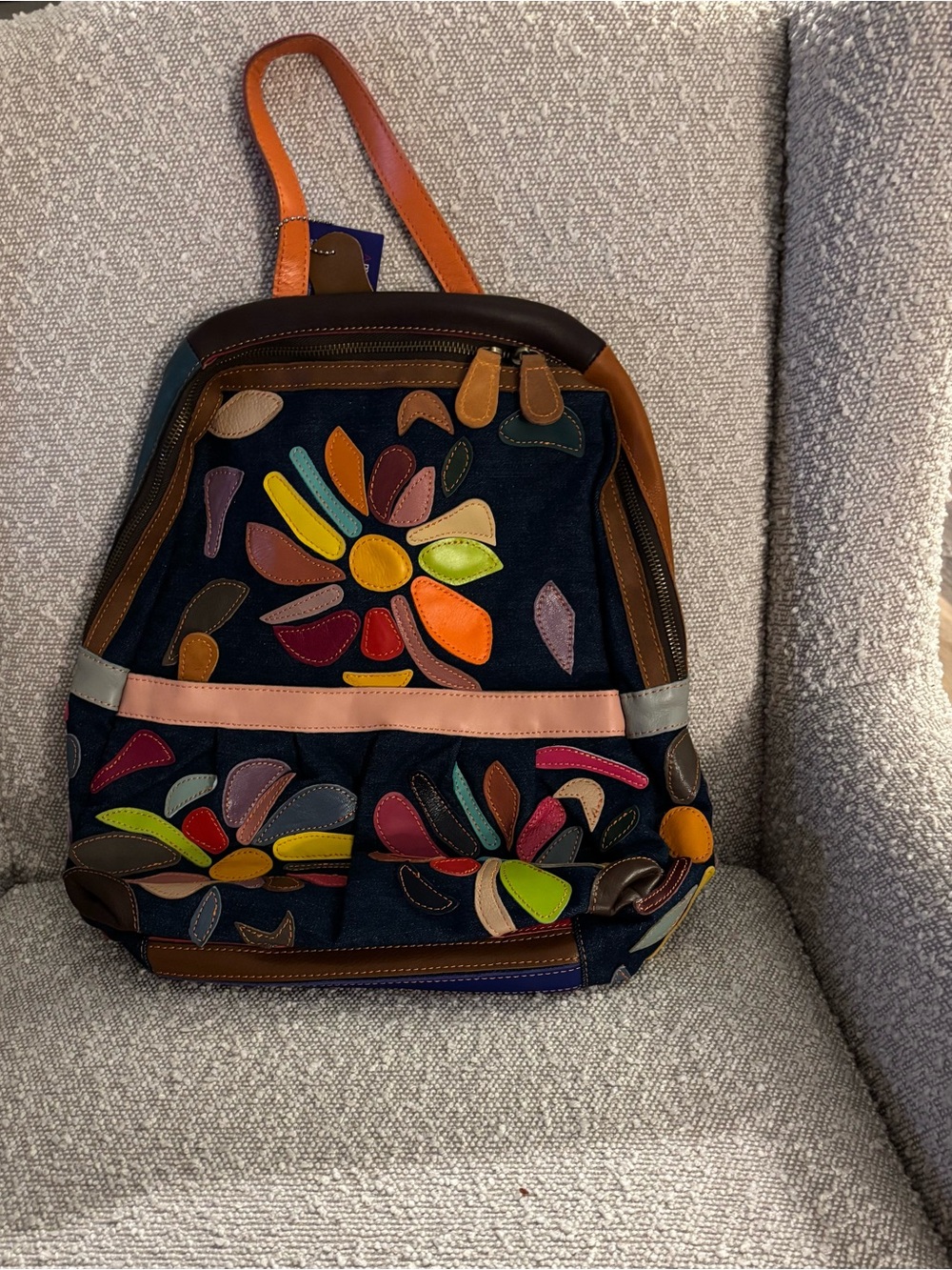 Colorful Floral Appliqué Women’s Backpack - Multicolor Leather